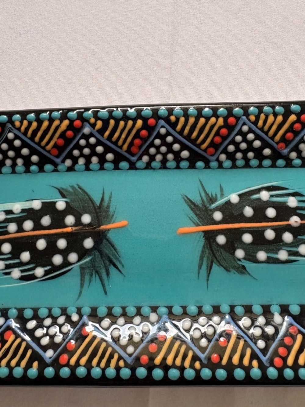S African Hand Painted Signed Turquoise Ceramic Tray Feather Design 11.5" x 4" - Picture 3 of 6